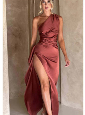 A one-shoulder, open-back satin dress to make you more elegant at your event.