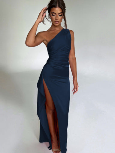 A one-shoulder, open-back satin dress to make you more elegant at your event.